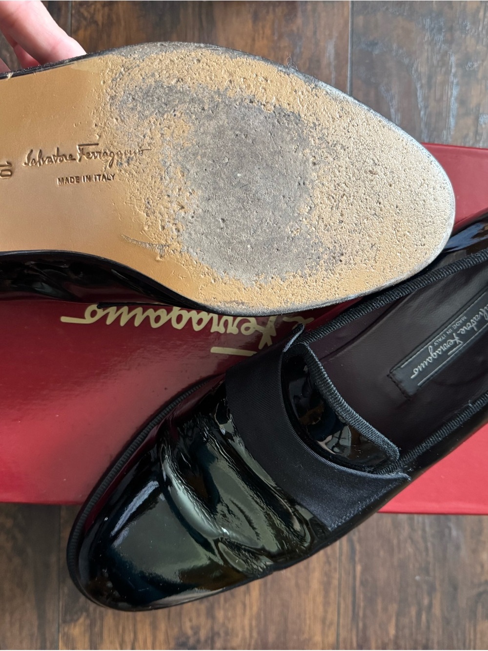 Salvatore Ferragamo Black Patent Leather Loafers with Grosgrain Band